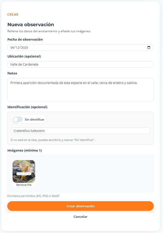 Formulario del Cuaderno de Campo para crear una observación micológica