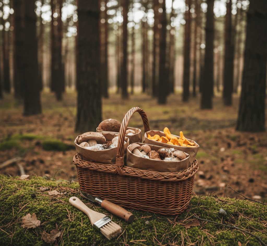 Recolección responsable de setas: cesta, separación y transporte sin riesgos
